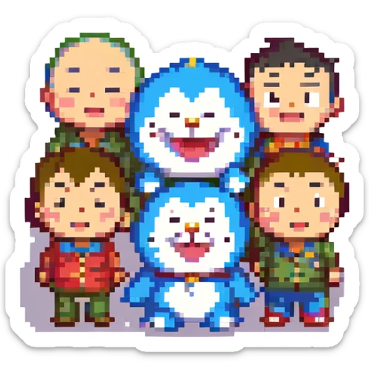 Add Nobita to the group with Doraemon and Shinchan in pixel art style, cheerful expression, no background, simple and colorful pixel design. sticker