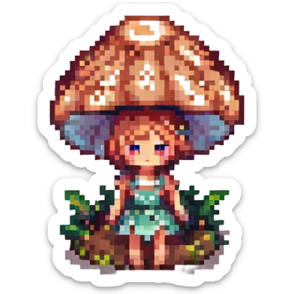 Add a tiny fairy nearby the glowing mushroom in pixel art style, with no background. sticker