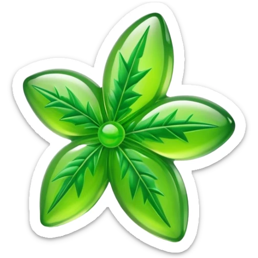 generate an emoji-style image of a juicy gummy shaped like a marijuana flower sticker