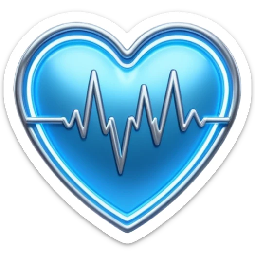 Futuristic premium medical AI logo emoji, sleek metallic heart or shield, ECG line forming stylized letters AI, neon blue and silver, 3D effect, glowing edges, minimal but bold, tech-savvy, high-tech healthcare branding, instantly recognizable, viral-ready, vector flat style with subtle shadows sticker