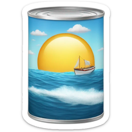 realistic can of tuna fish sowing the shape of a sailling boat on a sea background sticker