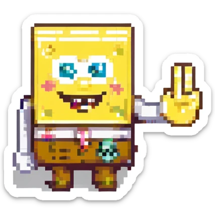 pixel art, Minecraft first-person gameplay, Spongebob Squarepants waving at the player, inventory bar at the bottom sticker
