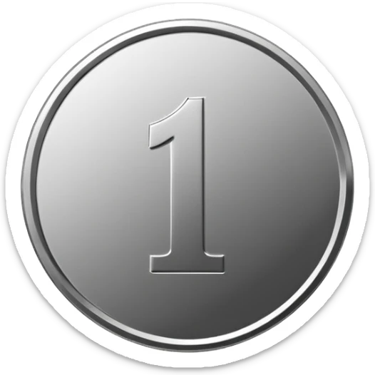 Emoji icon of a metal coin with engraved number 1, minimalist style, isolated, only metal color sticker