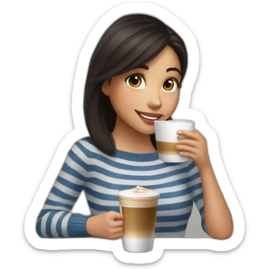 Girl with dark hair, wearing jeans and striped sweater, drinks hot cappuccino  sticker