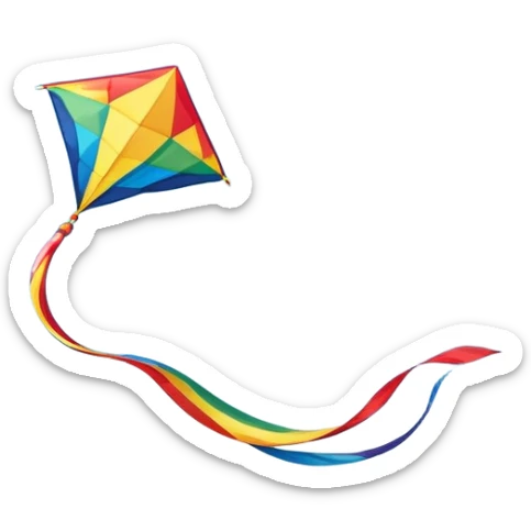 A colorful kite soaring high in the sky on a sunny day, with a long, flowing tail trailing behind. The background features an open field or beach, capturing the joy and freedom of flying kites, with gentle winds and a peaceful atmosphere. sticker