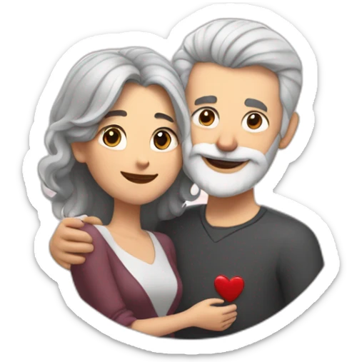 Man with gray hair and white beard hugs woman with dark brown hair with floating hearts sticker