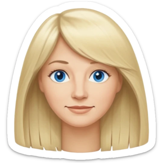 45 yr old white woman, curtain bangs, very long straight blond hair, oval face, small smile, blue eyes, thin face, hair down to elbows sticker