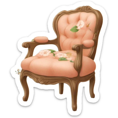 Vintage French chair with Mongolian peach, curly fur on the seat and a vintage peach and white floral on the top in a natural wood frame sticker