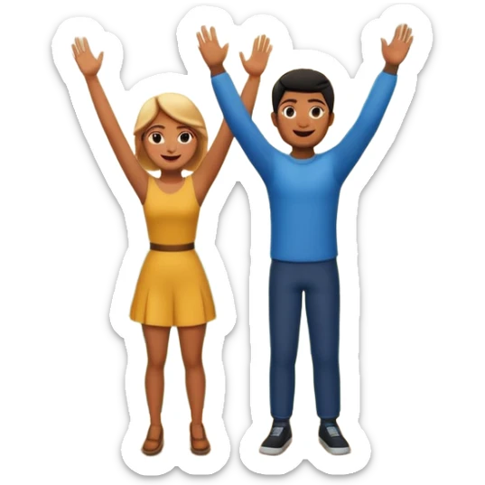 A 3D cartoon couple on top of a hill raising hands in victory, sunny sky and nature background, Memoji-style. inside photo frame. sticker