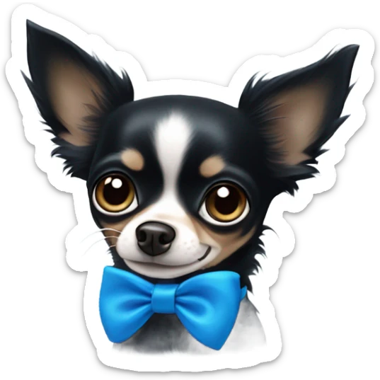 All black long hair chihuahua with blue eyes with a blue bow collar sticker