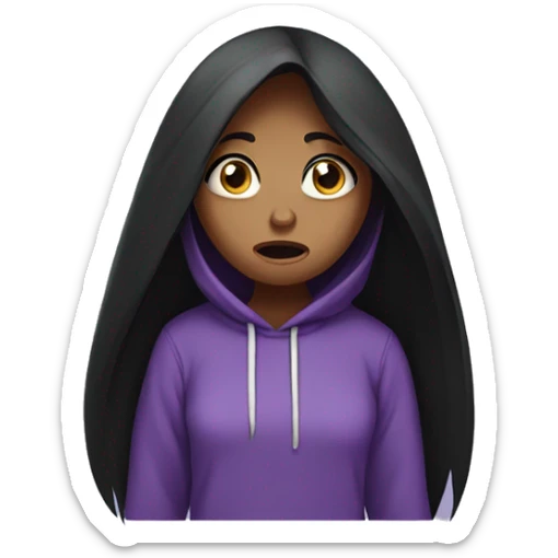 girl with long black hair, purple eyes, and purple hoodie looking scared sticker