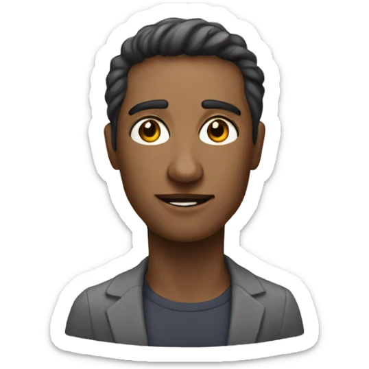 man in front of pc screen, on the screen there is a portrait of a woman with a neutral expression sticker