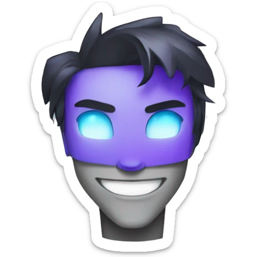 A teenage Robot boy face, metal gray Face, Glowing Blue Eyes, Violet Hair, Black Jacket sticker