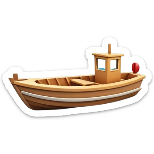 A 3D cartoon small boat floating on estuary water, with nearby reeds and horizon in view, bright lighting, photo frame, Memoji-style. sticker