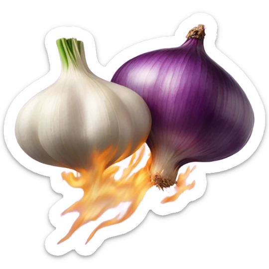 A clove of garlic and an onion kissing with an explosion of smell sticker