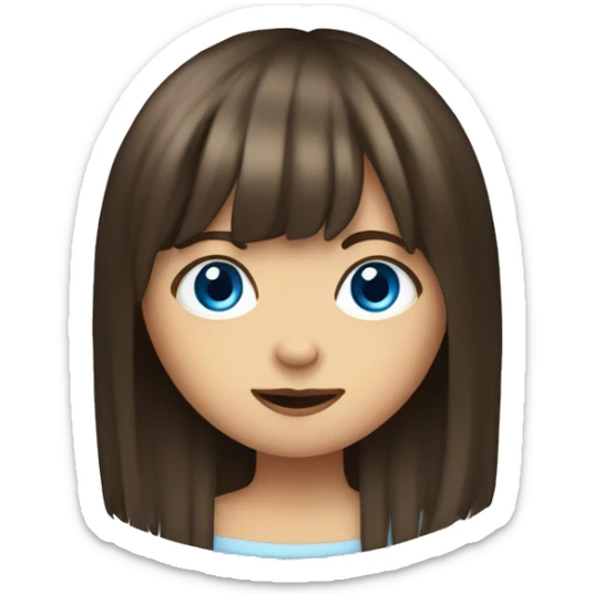 A girl with medium-length brown hair with blue eyes and a fringe curtain sticker