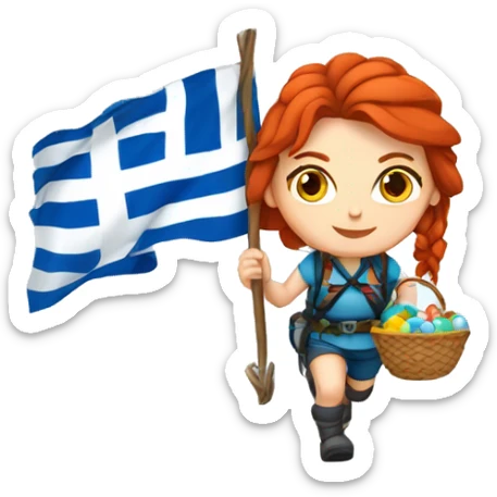 Female winter mountaineer red hair white skin climbing with Greek Flag and Easter eggs basket sticker