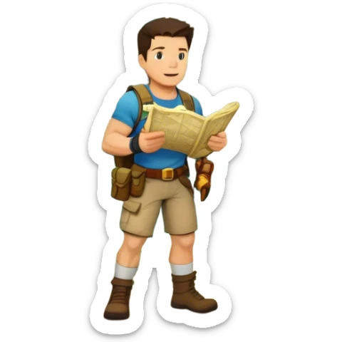 Icon for Adventure Movie: Mark Wahlberg in a jungle setting, holding a treasure map and surrounded by adventure gear. Behind him, ancient ruins rise through the dense foliage. Exciting, action-packed atmosphere with vivid jungle details. Transparent background. sticker