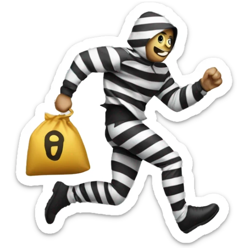 Burglar in white and black stripes running away with a bag of money over his shoulder sticker