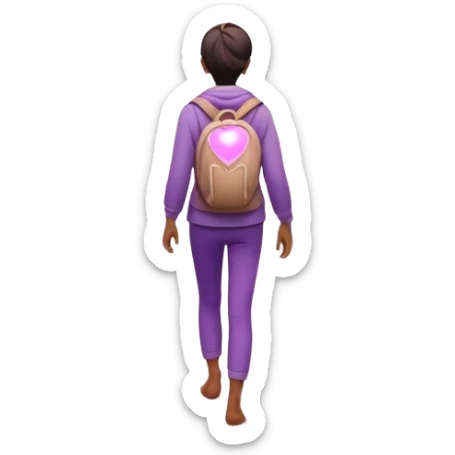 A small figure walks back across a foggy bridge, holding soft pink and purple orbs in each hand—symbolizing compassion and forgiveness. A gentle heart aura trails behind them, showing healing in motion. sticker