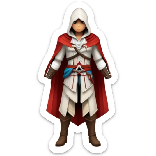 icon featuring Assasin's Creed in an iconic assassin's hood, standing tall against the backdrop of Florence. The design captures the essence of adventure, with intricate details of historical architecture and a sense of mystery. The character is poised, ready for action. transparent background. sticker