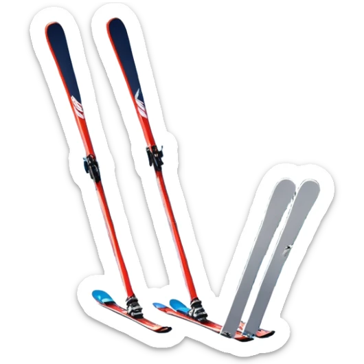 An icon featuring a pair of skis and ski poles in the foreground, set against a picturesque snow-covered slope. The background includes snowy peaks and evergreen trees, symbolizing the excitement and beauty of winter sports. Transparent background highlights the thrill of skiing and snowboarding. sticker