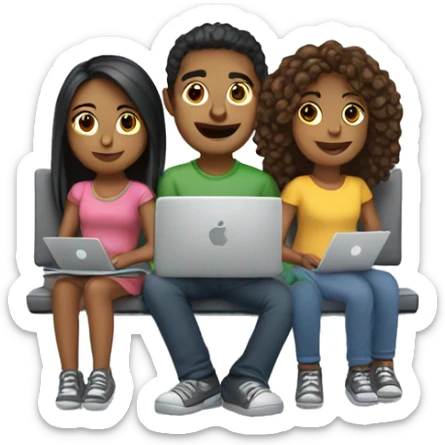2 girl and 3 man each of them holding laptop and sit together  sticker