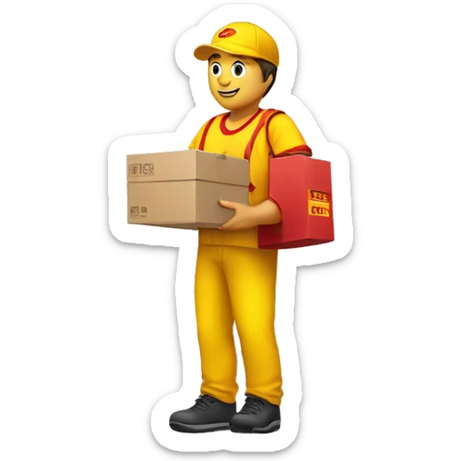 a delivery person with a yellow outfit with some red lines like the DHL logo. The delivery person carry somes carton boxes. sticker