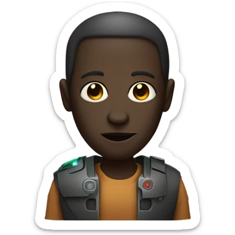 Person whos face is half droid half human with dark skin and a big nose and a laser sticker