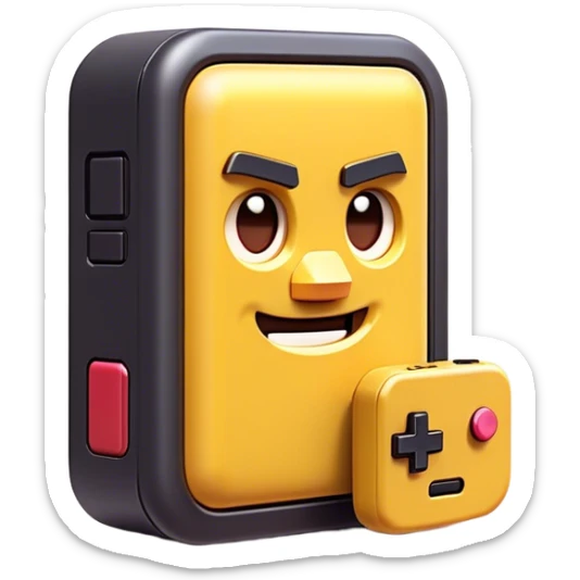 Clash of Clans aesthetic: Cinematic Playful Game Boy Portrait Emoji, rendered in a 3D vector-style similar to standard emojis with minimal shading and bold, simplified shapes. A compact, distinct form with signature details, softly glowing with a nostalgic gaming charm. Simplified yet unmistakably iconic, highly detailed and consistent, glowing with a soft radiance and high shine. Stylized with a touch of retro gaming magic and a soft glowing outline, capturing the essence of a beloved gaming relic with a friendly, playful manner! sticker