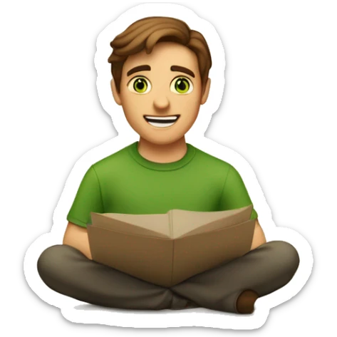 a light-skinned green-eyed man with brown hair sitting in front of the paper scroll  sticker