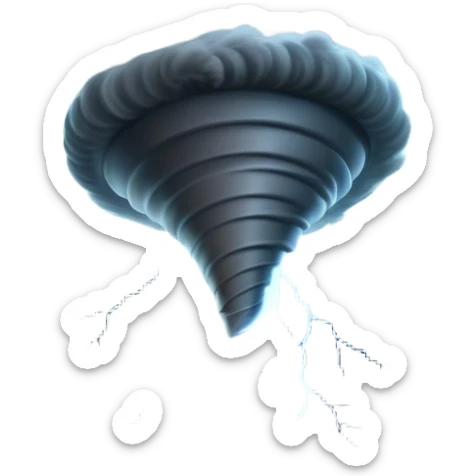 Cinematic Realistic Tornado Emoji, Spiraling fiercely, with dark swirling clouds that twist and stretch downward in a funnel shape. The winds whip up debris as the tornado roars across the landscape, leaving a trail of awe and fear. Soft glowing outline, capturing the essence of wild force and unpredictable power in a mighty tornado! sticker