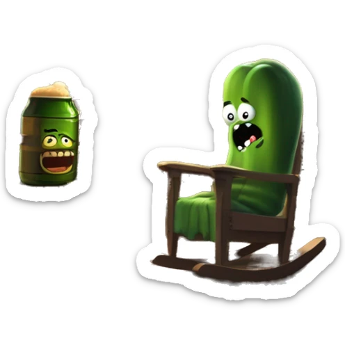 Pickle Rick pounding down a beer on his porch siting in a rocking chair at sunset while his wife is yelling at him through the door that is creeped open of his wooden cabin sticker