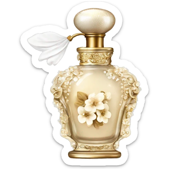 Vintage perfume bottle in antique Greek style, white and beige, oil perfume inside, sequins and flowers fluttering around sticker