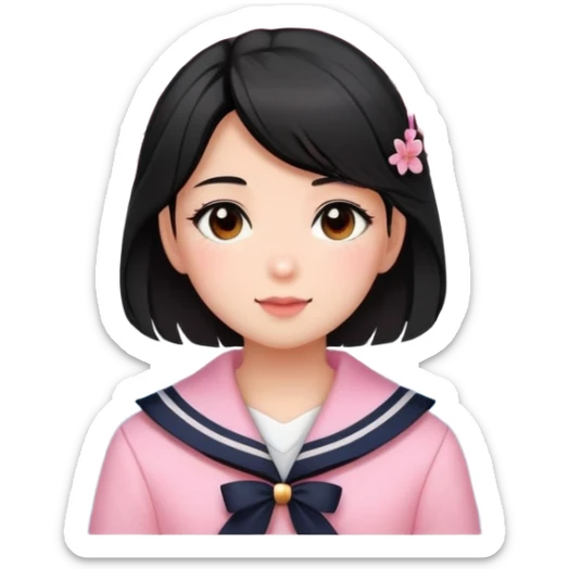  A girl with a black half-up half-down hairstyle, and a Pink sailor suit, enjoying the spring breeze，Wearing cherry blossoms on your hair sticker