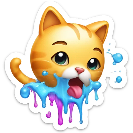 A cute cat character looking unwell, with a colorful stream of liquid coming from its mouth, depicted in a cartoonish and playful style sticker