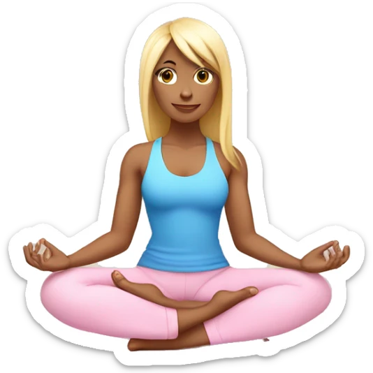 blonde with bangs and blue eyes yoga girl light pink clothes sitting on yoga mat sticker