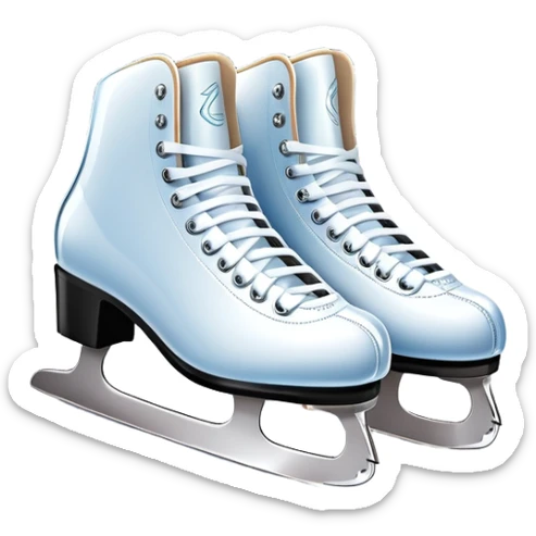 An icon featuring a pair of elegant figure skates standing on the smooth ice of a rink, with sparkling ice beneath them. The background shows a grand ice arena with bright lights and empty stands, highlighting the beauty and grace of figure skating. Transparent background. sticker