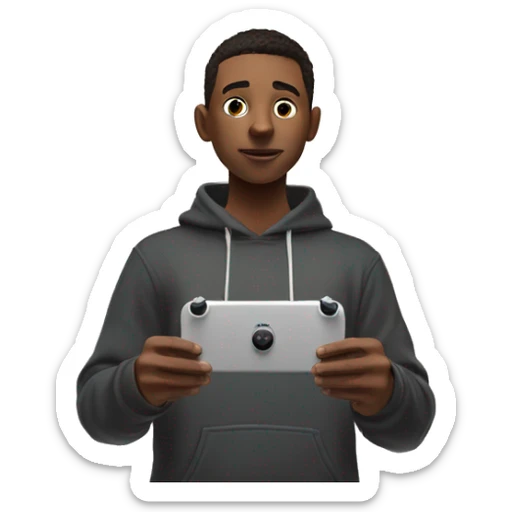 a full body male teen in hoodie standing, holding a game controller, looking up to a flying DJI drone sticker
