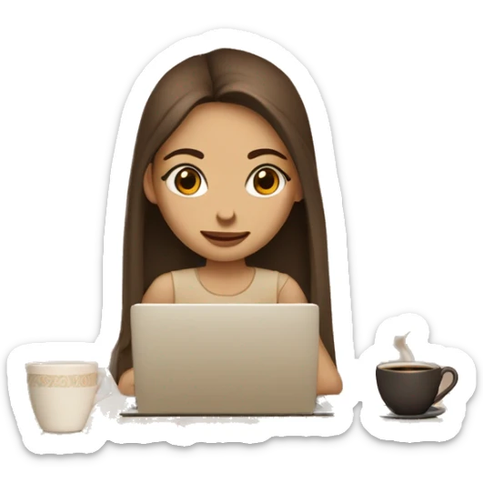 Half face of a girl at the laptop. A a cup of coffee on the left side of the table. Books on the right side. in beige tones sticker