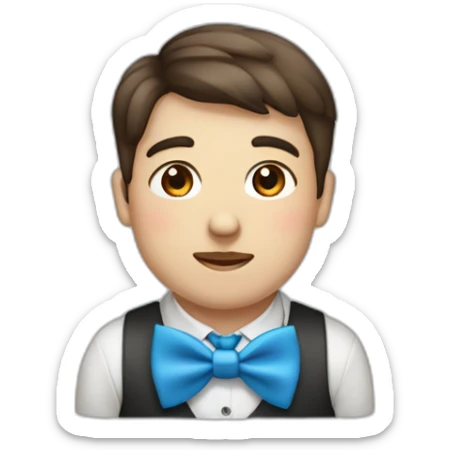 A young male tennager with big cheeks with a beauty spot on chin with a round face and very short brown hair and a mole on chin wearing a blue bow tie sticker
