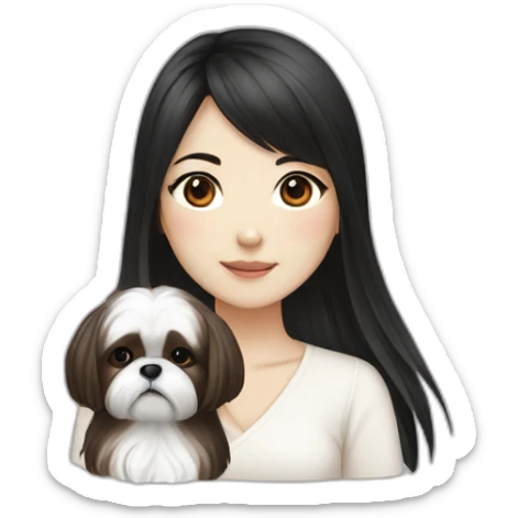 long black hair korean girl with shih tzu in white and brown sticker