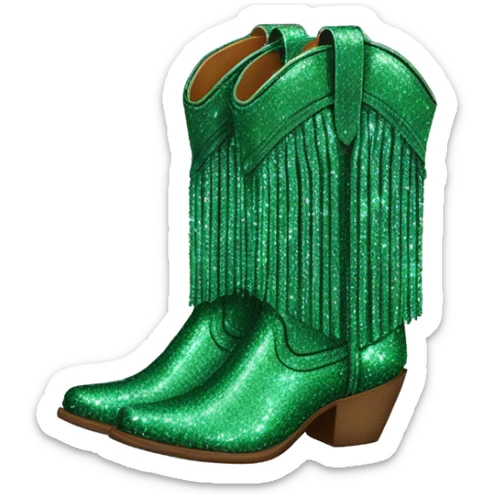 Realistic emerald green fashion cowgirl boots with sparkly shiny glitter fringe on them. sticker