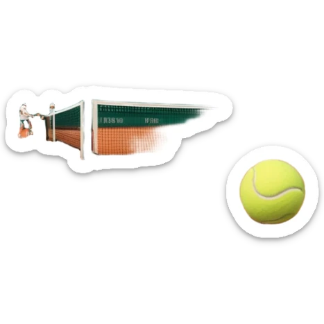 A tennis court at the Roland Garros tournament, with the iconic clay surface and a tennis ball bouncing near the net. The scene evokes the energy and excitement of the grand event, with vibrant crowds in the stands and a competitive atmosphere. sticker