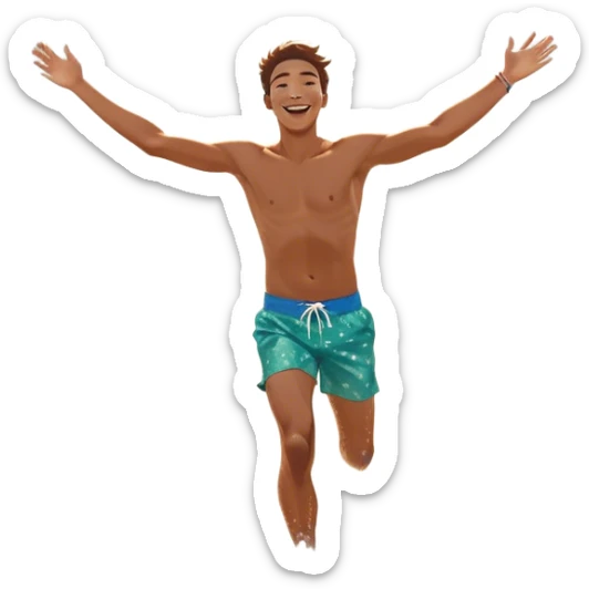 A person running into the ocean with arms wide open, embracing the waves and the moment. The sun shines warmly, and the water sparkles, symbolizing the joy of creating fun and appreciating life’s simple moments. Their footprints in the sand fade as they fully immerse themselves in the present. sticker