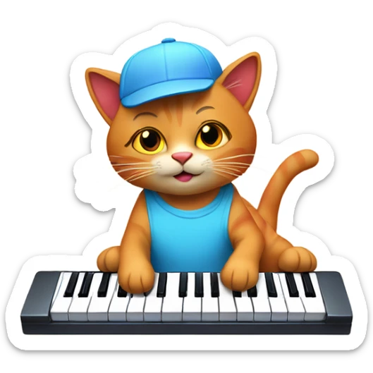 tan-red cat wearing a light-blue t-shirt and a blue base cap taps musical keyboard sticker