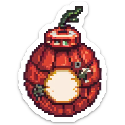 Red digital bomb with flame-shaped fuse on top, round bomb body with red highlights and details, pixel art style sticker