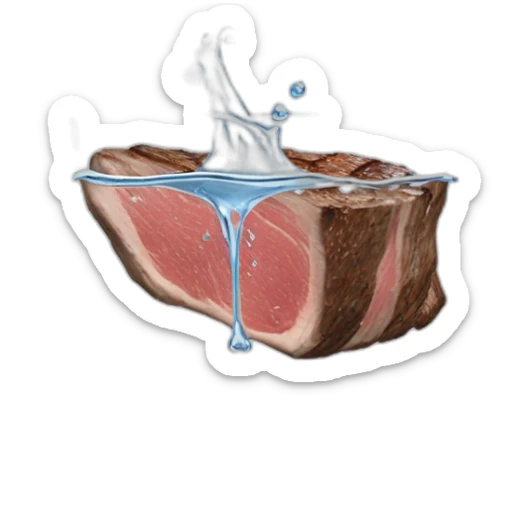 glass of water suspended horizontally in the air above a slice of rare steak on a plate, the water pouring out onto the top of the steak sticker
