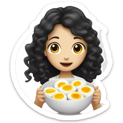 an asian girl with long black curly hair eating boiled eggs sticker