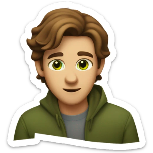 a light-skinned green-eyed man with brown hair sitting in front of the paper scroll  sticker